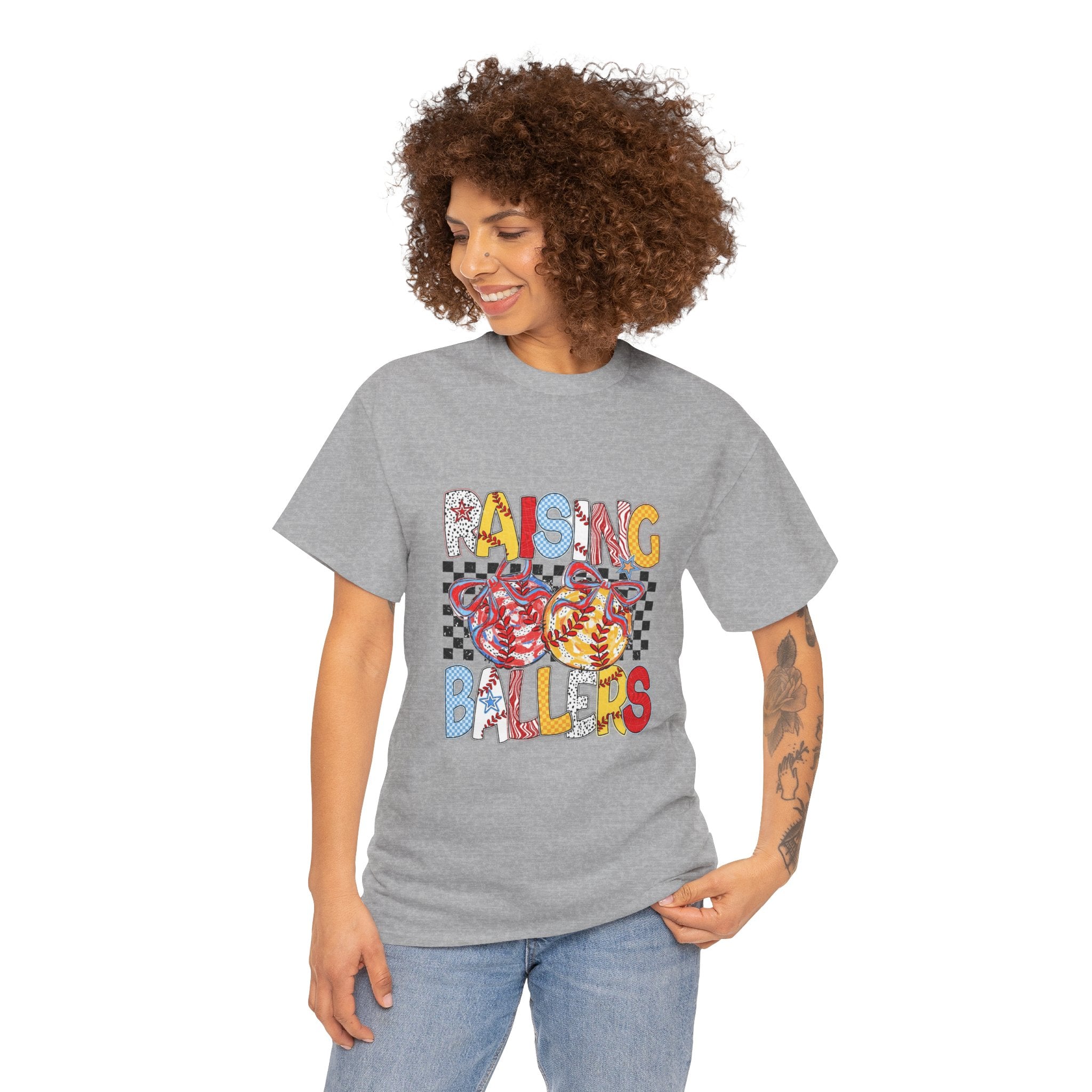 T-Shirt — "Raising Ballers" Kids Sports Tee with Retro Checkered Basketball Design