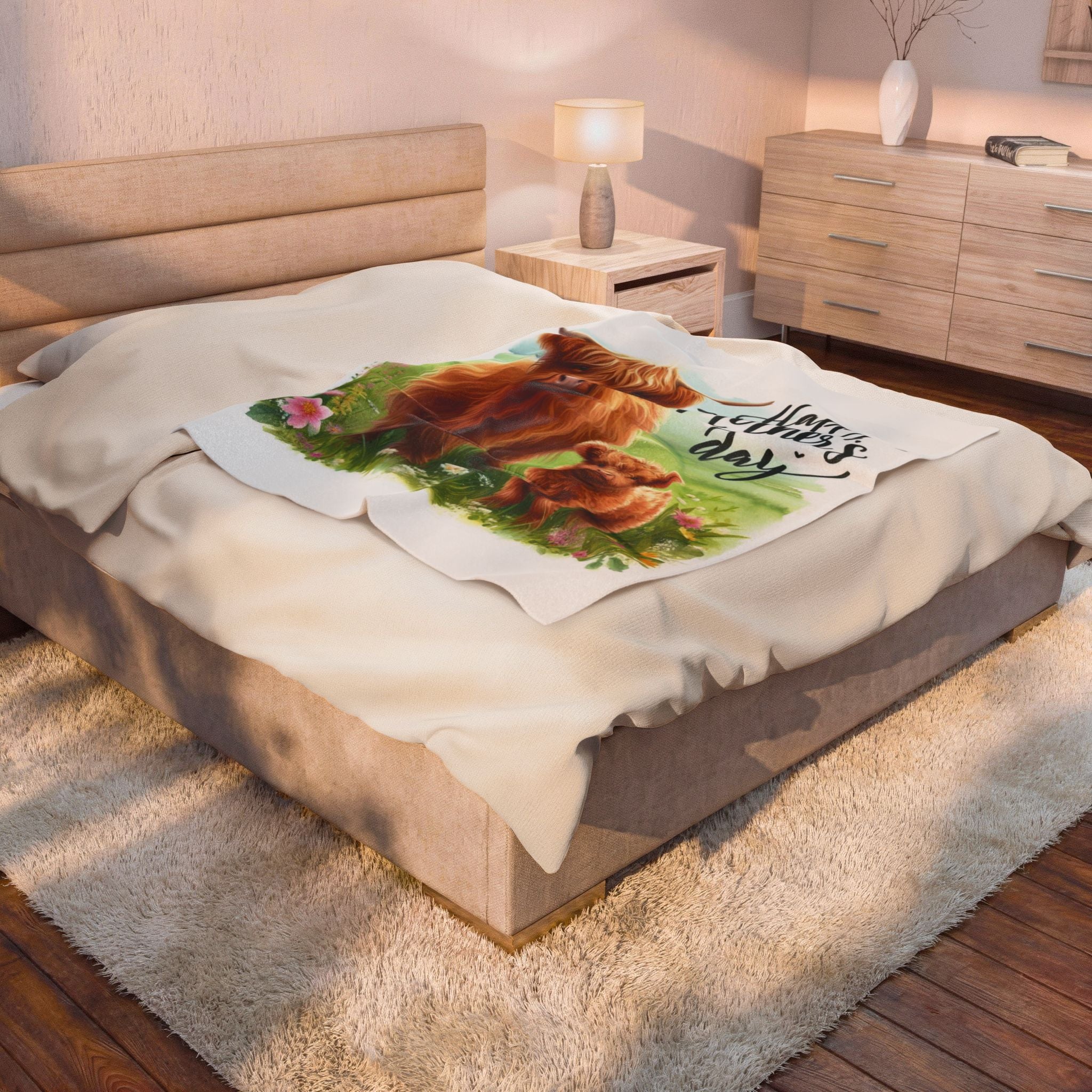 Mother's Day Velveteen Plush Blanket – Highland Cow & Calf Gift