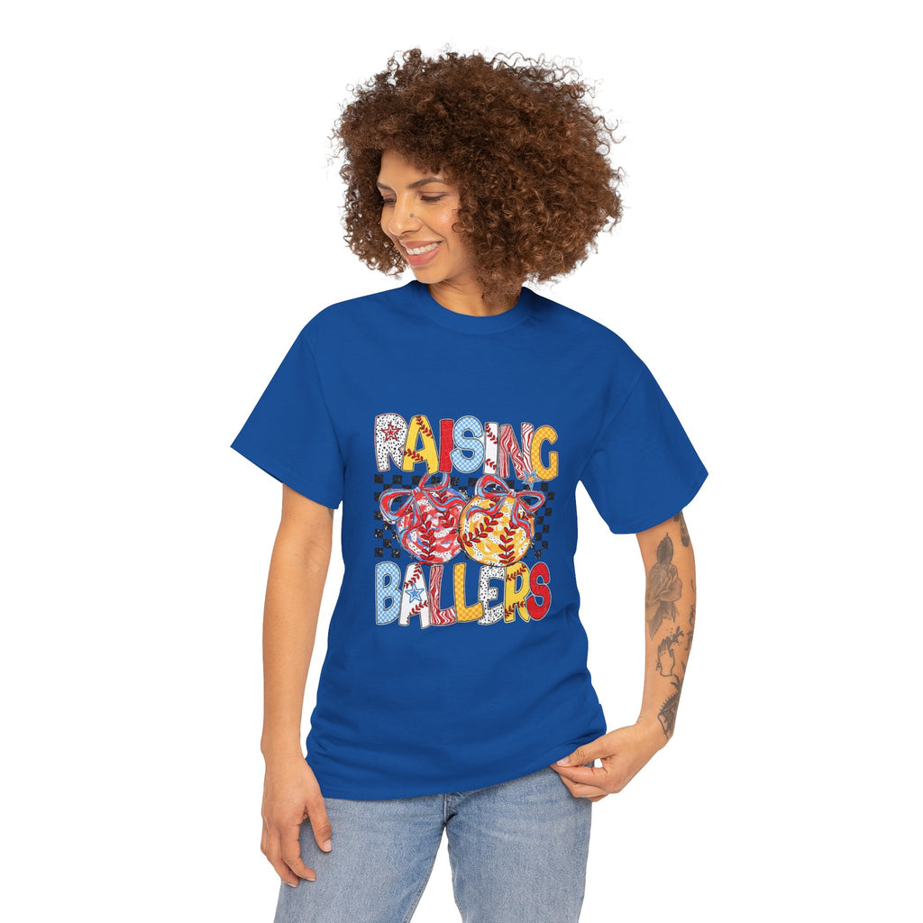 T-Shirt — "Raising Ballers" Kids Sports Tee with Retro Checkered Basketball Design
