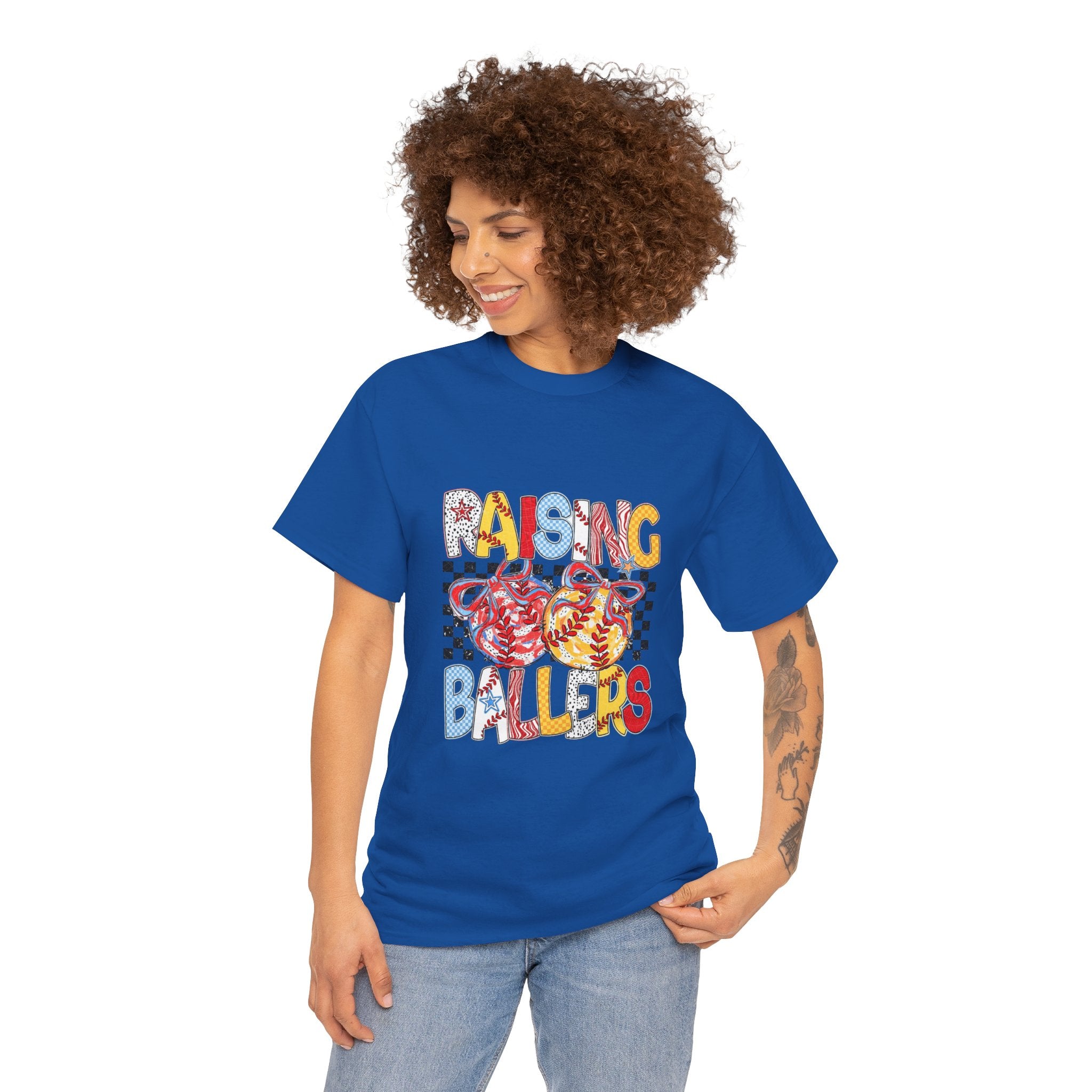 T-Shirt — "Raising Ballers" Kids Sports Tee with Retro Checkered Basketball Design