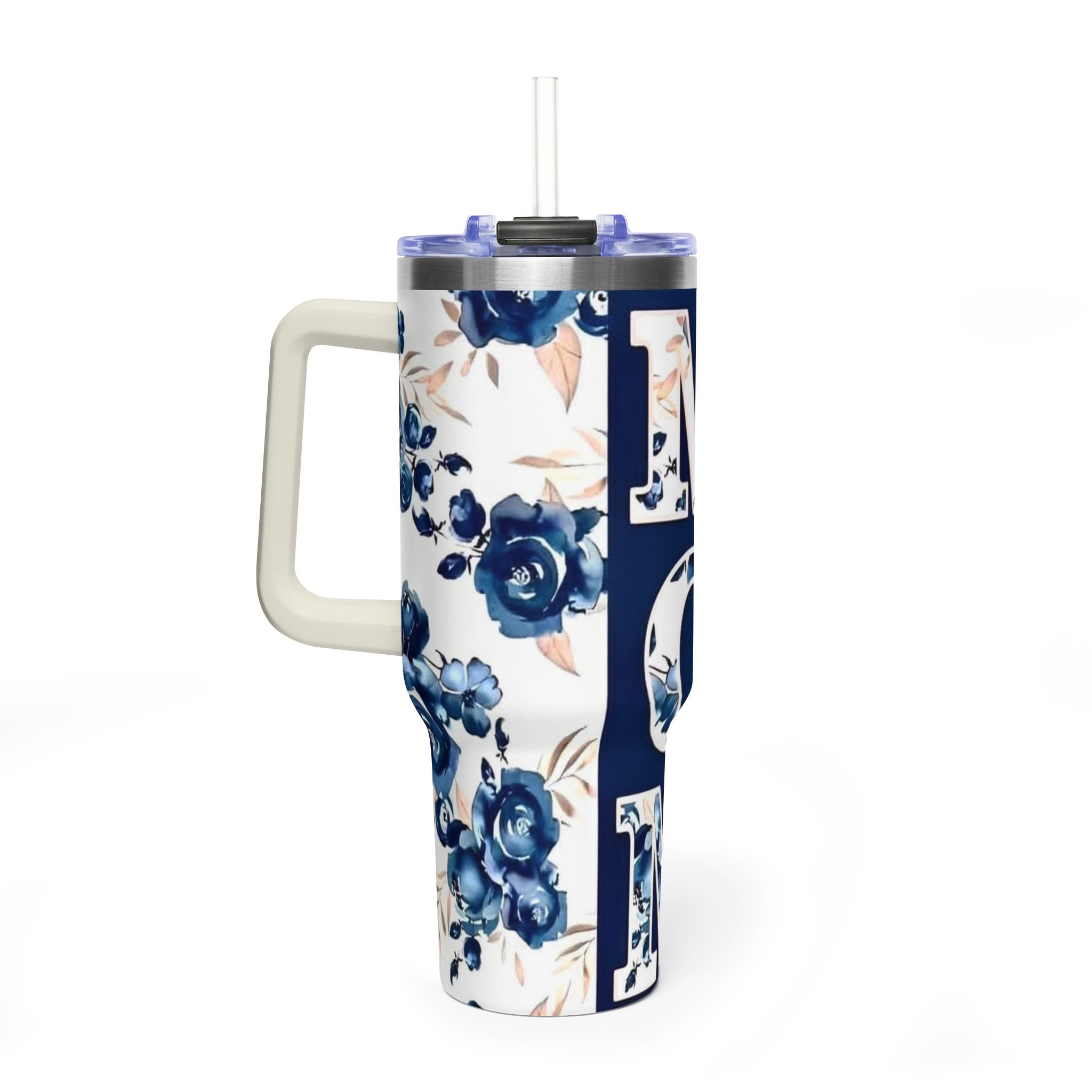 Mom Floral 40oz Vacuum Tumbler – Insulated Travel Mug for Mom, Blue Rose Mother's Day Gift