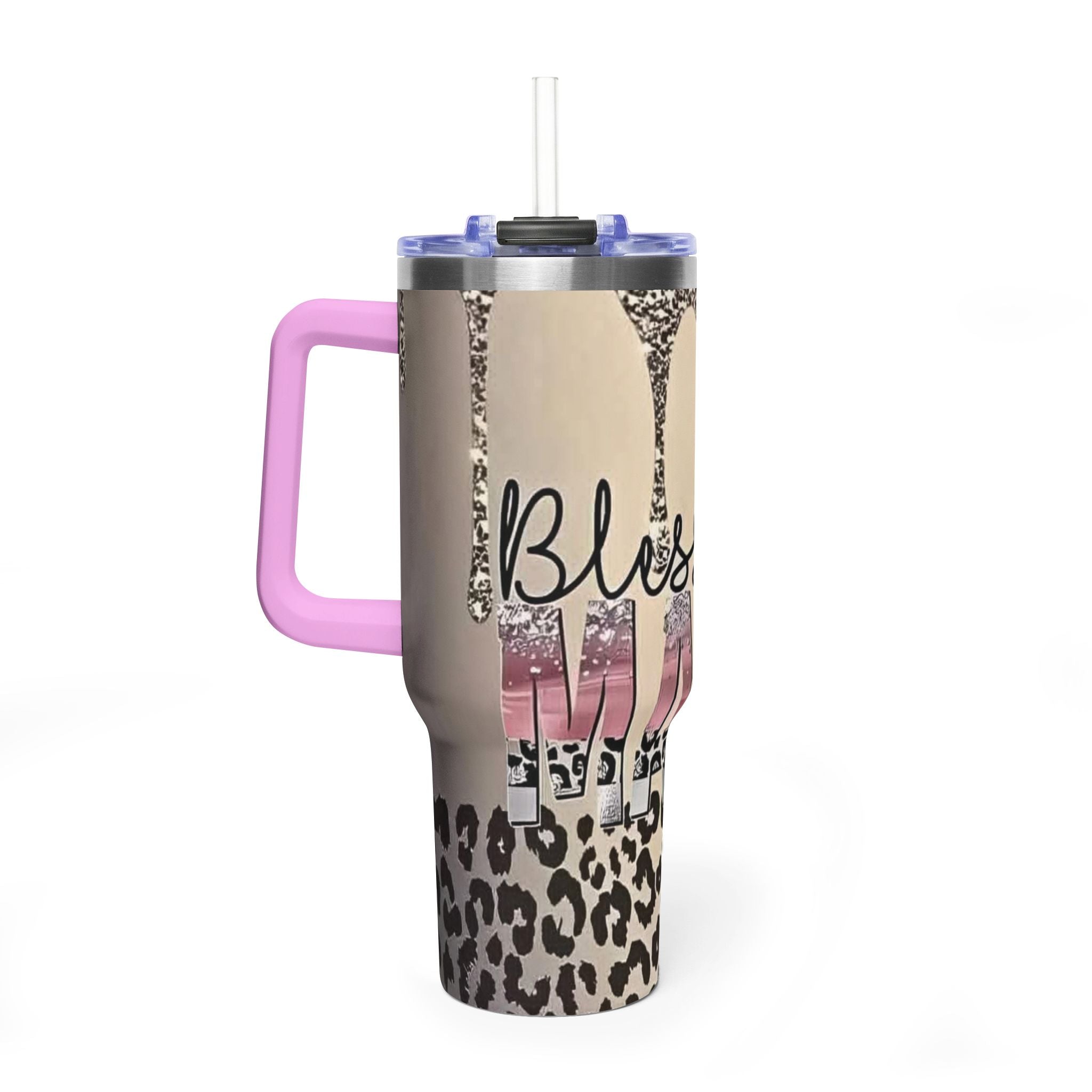 Blessed Leopard 40oz Vacuum Tumbler — Insulated Travel Cup with Glitter Drip Design