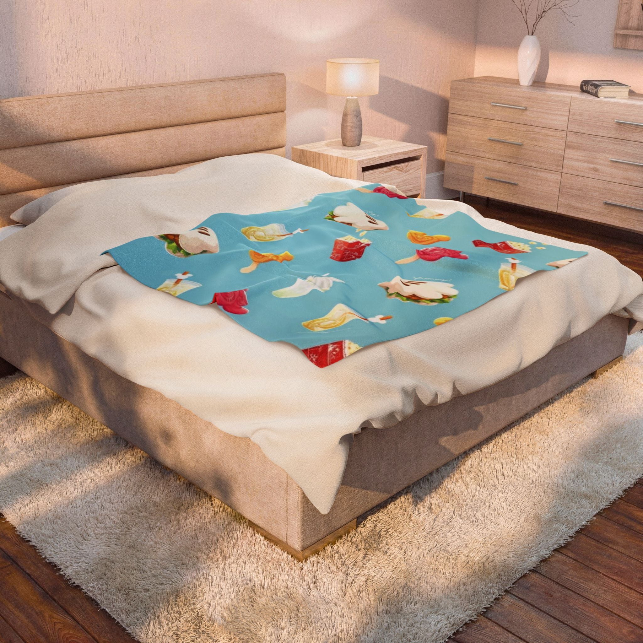 Velveteen Plush Blanket — Retro Snack Pattern Cozy Throw (Popcorn, Drinks & Mickey Treats)