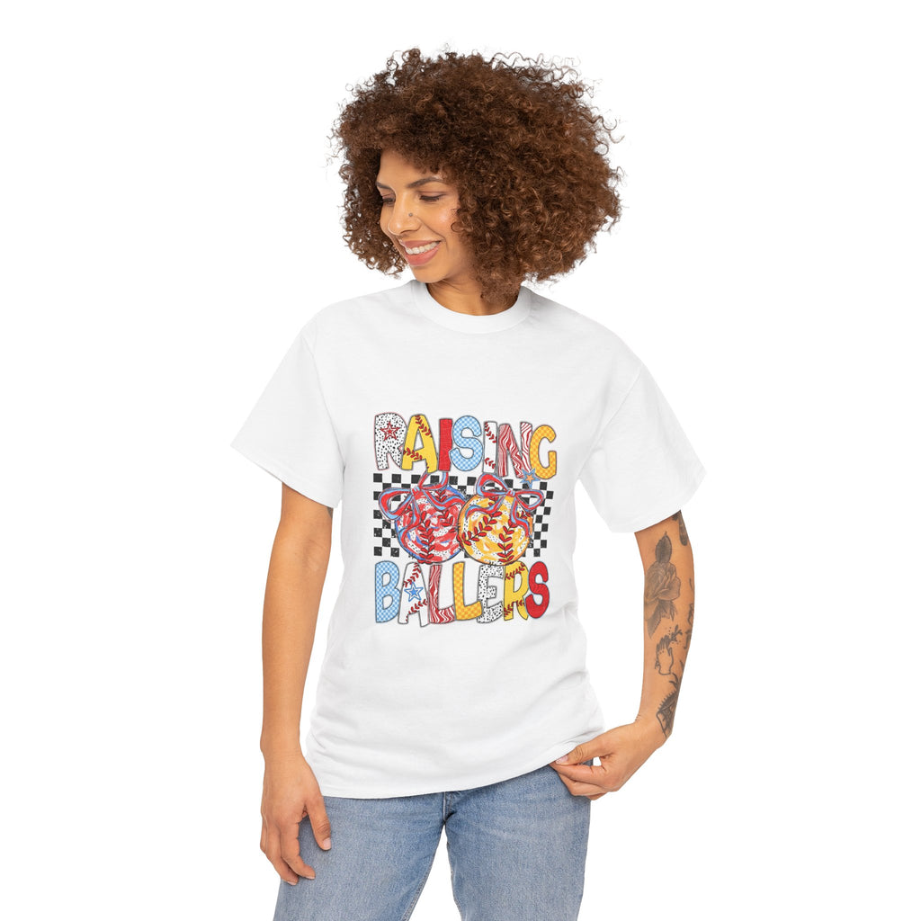 T-Shirt — "Raising Ballers" Kids Sports Tee with Retro Checkered Basketball Design