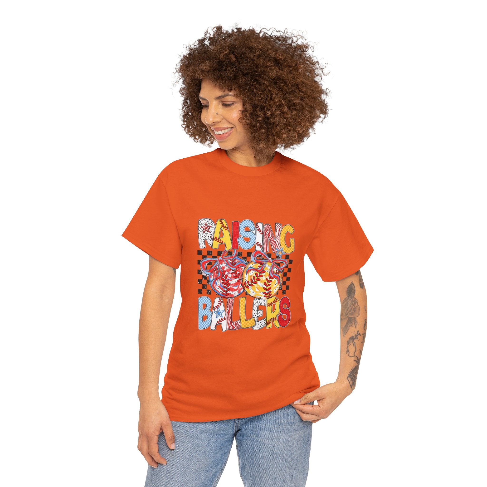 T-Shirt — "Raising Ballers" Kids Sports Tee with Retro Checkered Basketball Design