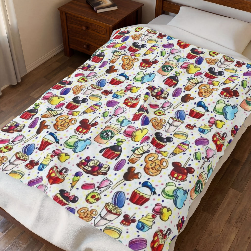 Disney Park Snacks Pattern Velveteen Plush Blanket – Cozy Theme Park Treats Throw