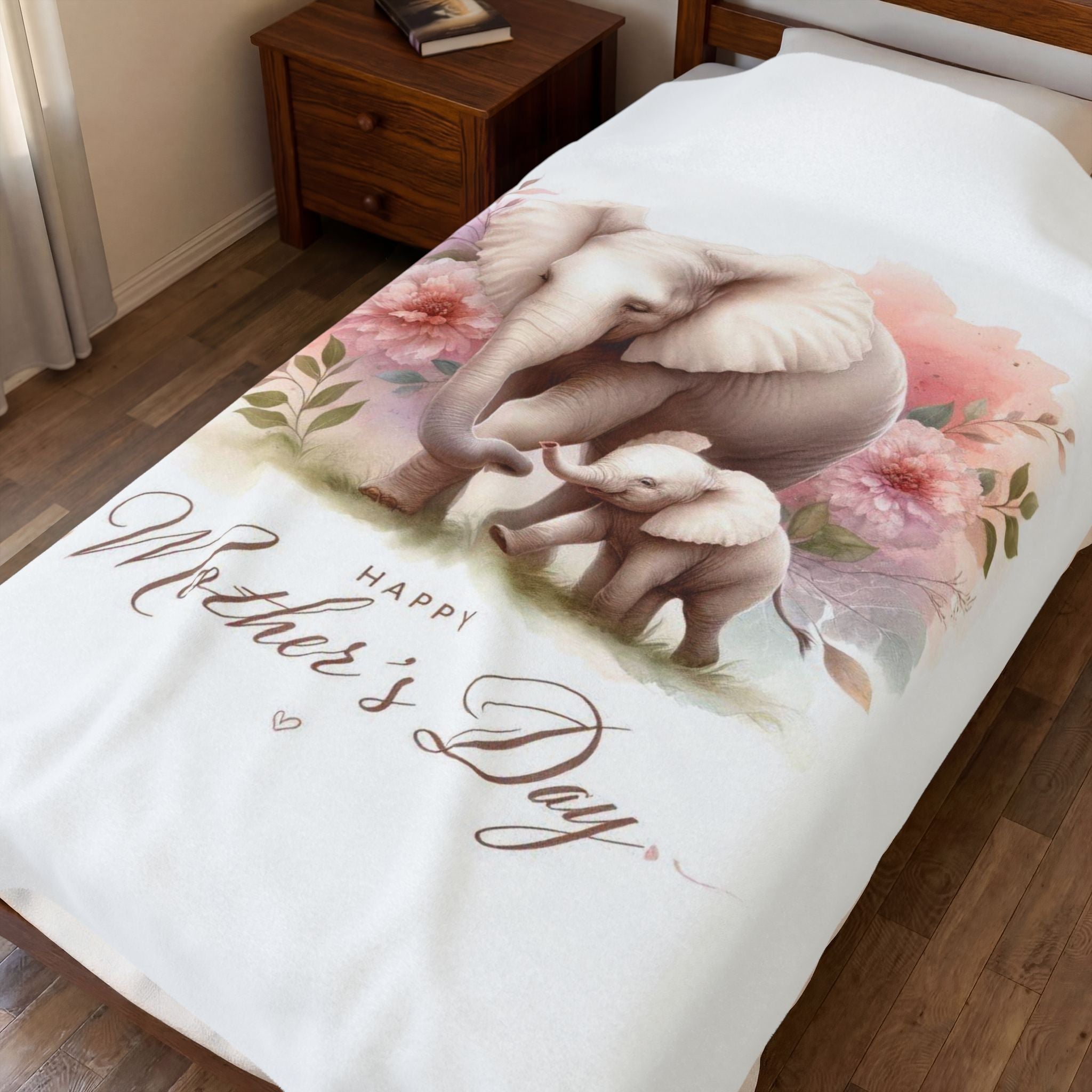 Mother’s Day Velveteen Blanket — Elephant Mom & Calf Floral Design
